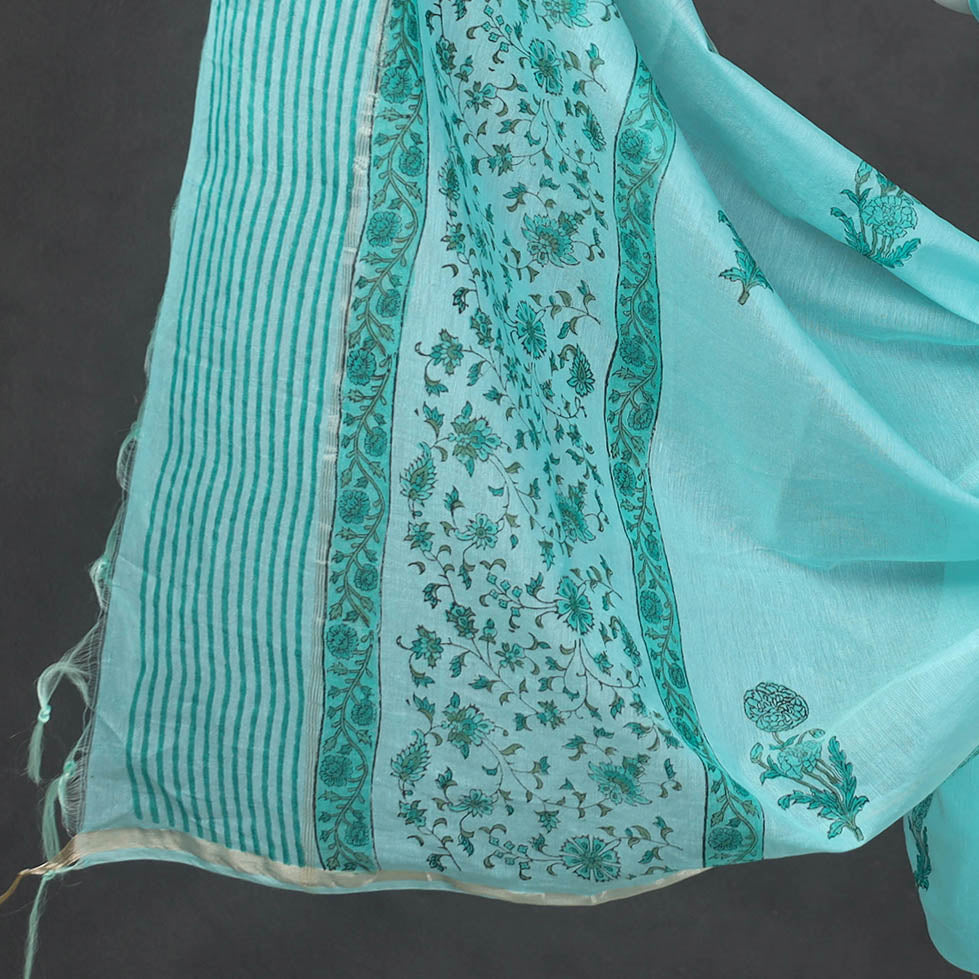 Green - 3pc Sanganeri Block Printed Cotton Suit Material with Chanderi Silk Dupatta 10