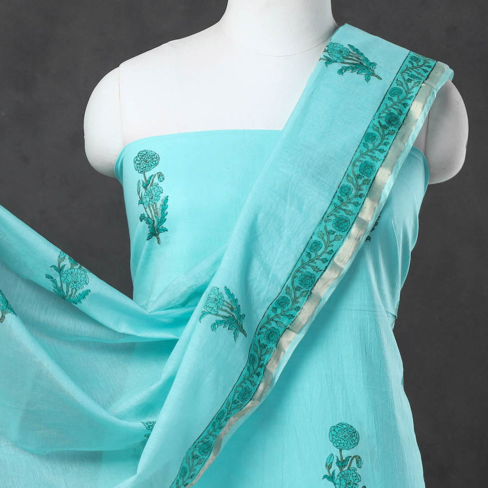 Green - 3pc Sanganeri Block Printed Cotton Suit Material with Chanderi Silk Dupatta 10