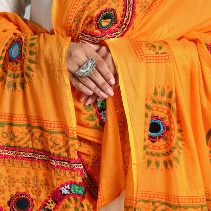 Orange - Kutch Hand Embroidery Mirror Work Printed Cotton Dupatta 72