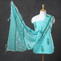 Green - 3pc Sanganeri Block Printed Cotton Suit Material with Chanderi Silk Dupatta 10