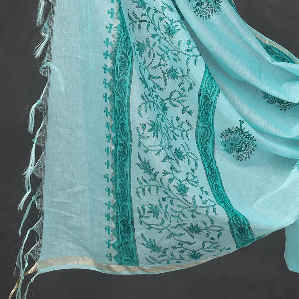 Green - 3pc Sanganeri Block Printed Cotton Suit Material with Chanderi Silk Dupatta 21