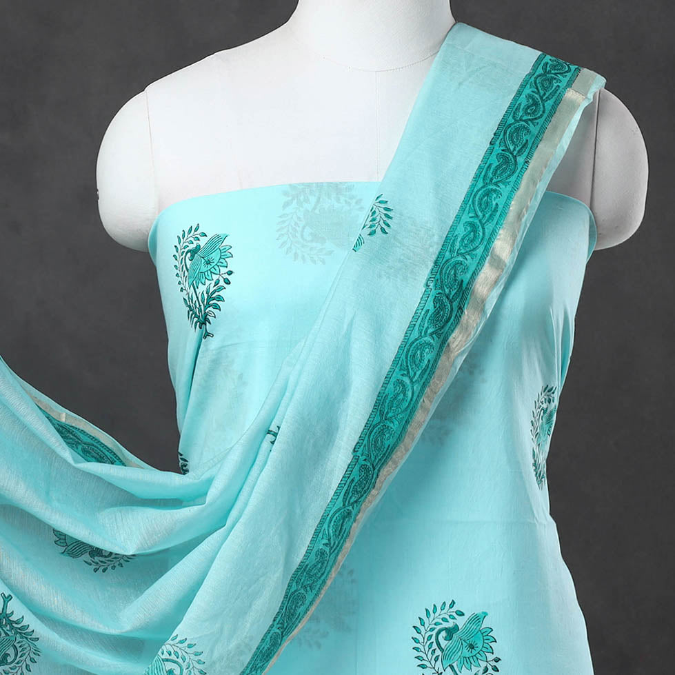 Green - 3pc Sanganeri Block Printed Cotton Suit Material with Chanderi Silk Dupatta 21