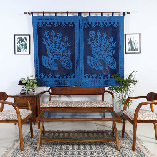 Blue - Applique Peacock Cutwork Cotton Window Curtain from Barmer (5 x 3.5 feet) (single piece)