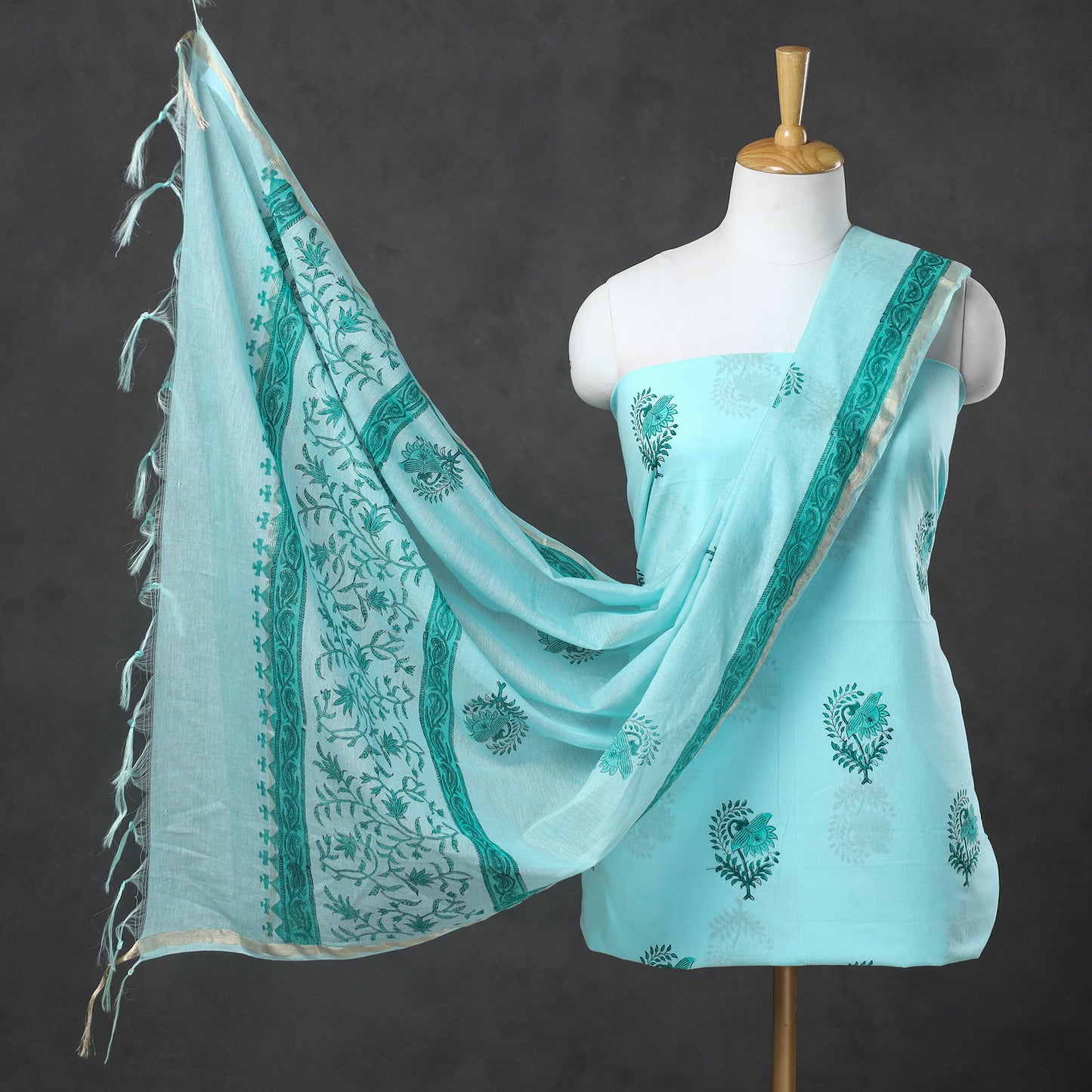 Green - 3pc Sanganeri Block Printed Cotton Suit Material with Chanderi Silk Dupatta 21