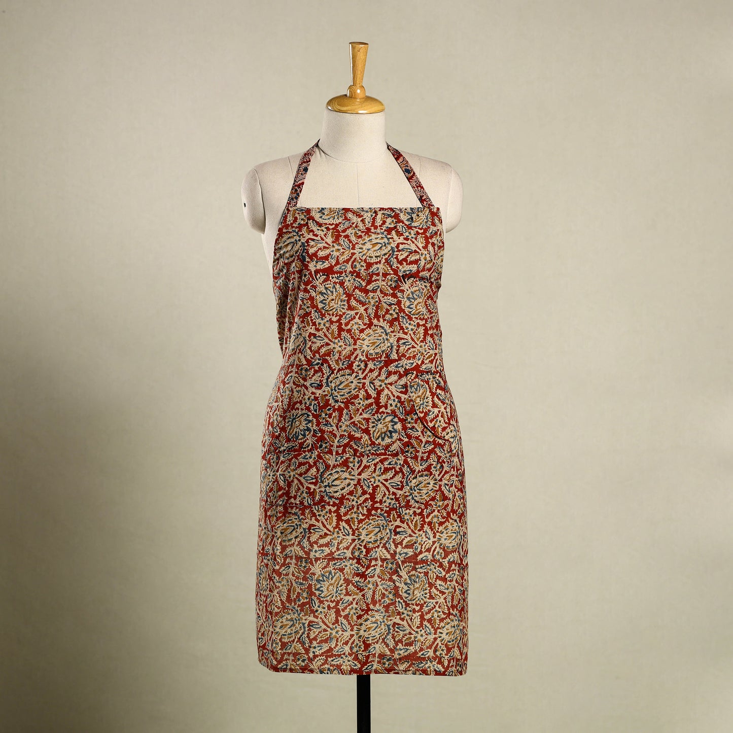 Red Kalamkari Block Print Cotton Apron with Pocket