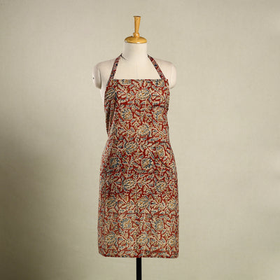 Red Kalamkari Block Print Cotton Apron with Pocket