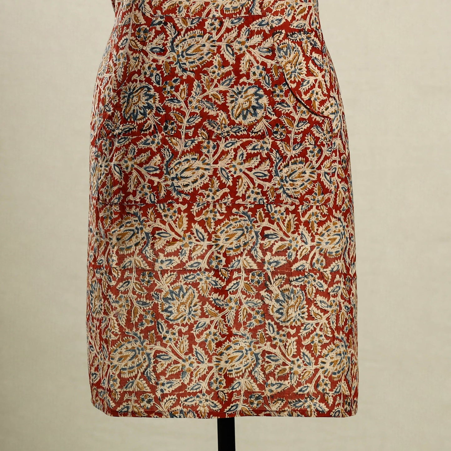 Red Kalamkari Block Print Cotton Apron with Pocket