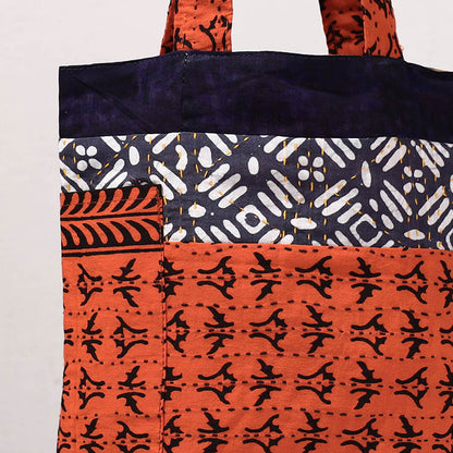 Orange - Kantha Work Block Print Cotton Shoulder Bag