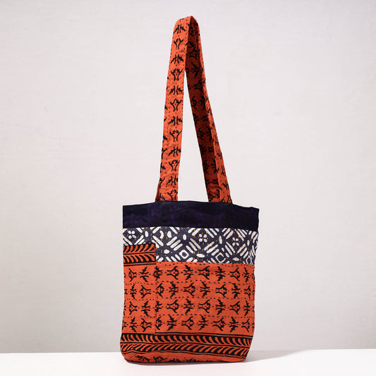 Orange - Kantha Work Block Print Cotton Shoulder Bag