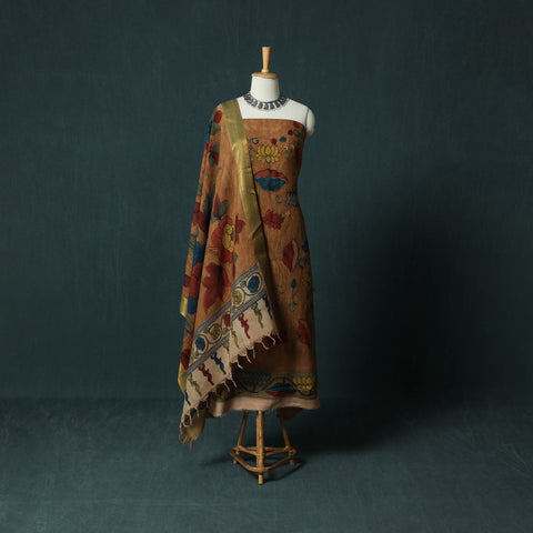 Handpainted Srikalahasti Pen Work Kalamkari Natural Dyed Bangalore Silk 2pc Unstitched Dress Material Kurta Set 32