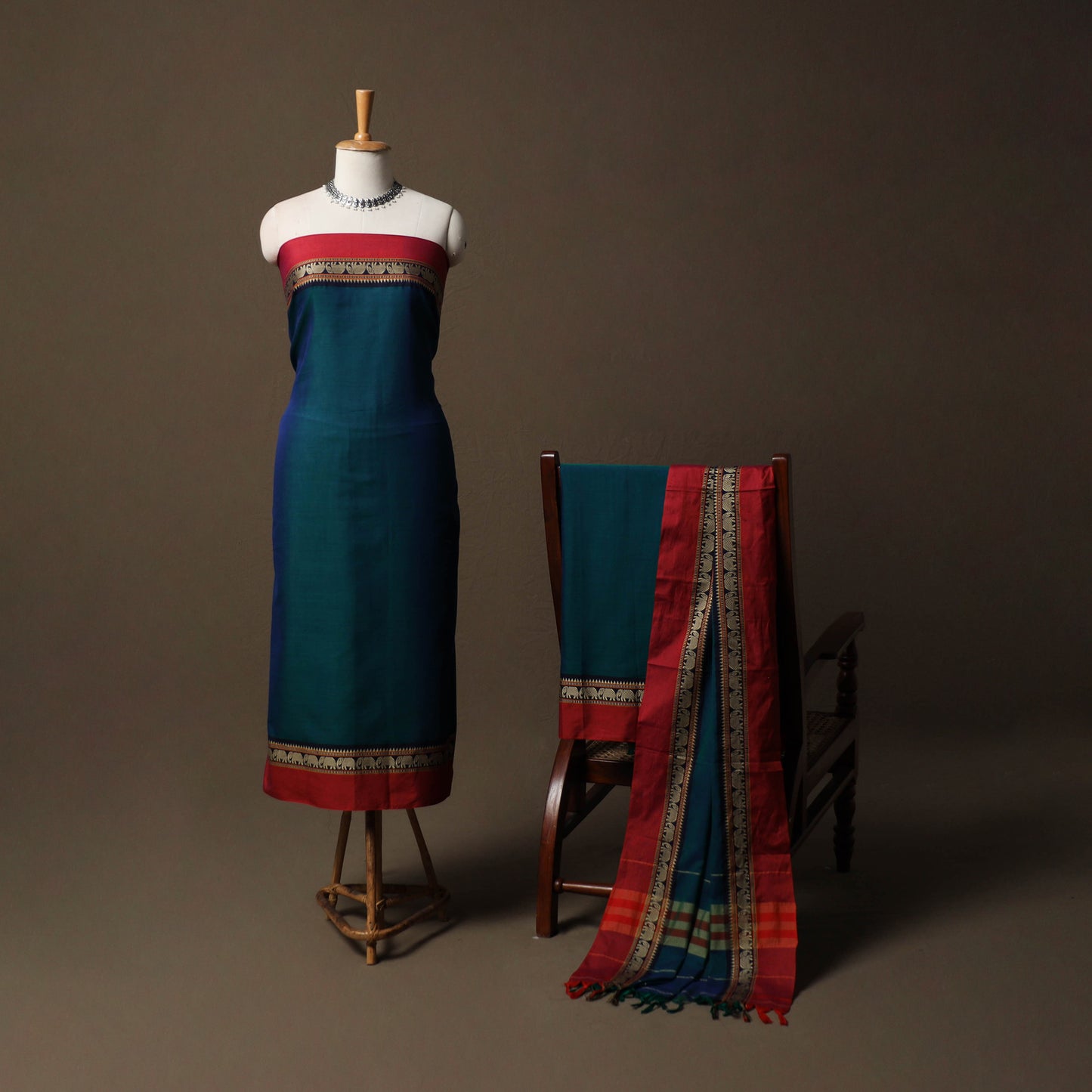 Dharwad Mercerised Cotton 3pc Unstitched Dress Material Suit Set with Woven Border 15