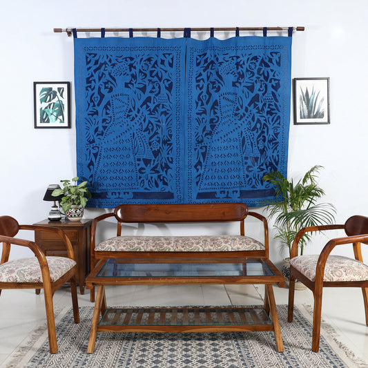 Blue - Applique King Cutwork Cotton Window Curtain from Barmer (5 x 3.5 feet) (single piece)
