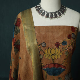 Handpainted Srikalahasti Pen Work Kalamkari Natural Dyed Bangalore Silk 2pc Unstitched Dress Material Kurta Set 32