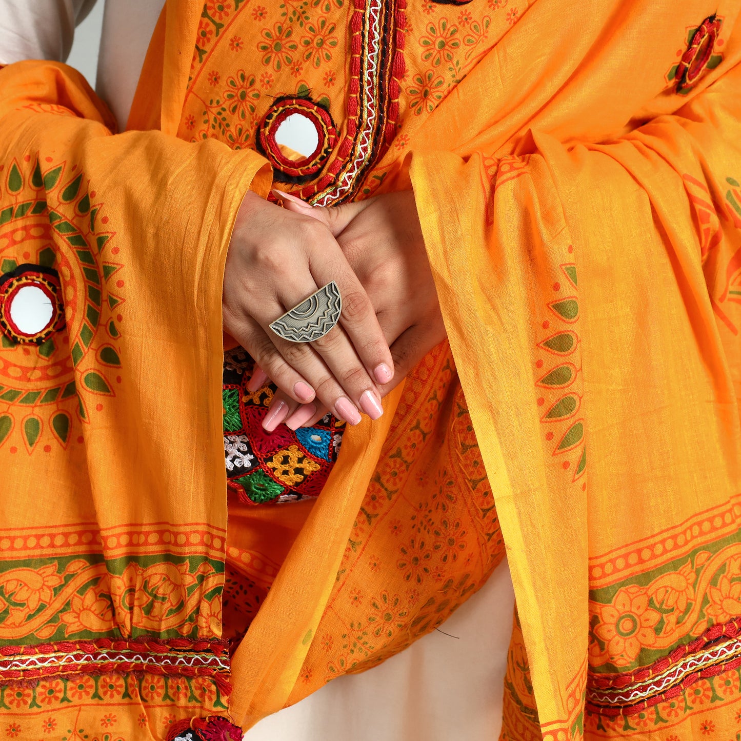 Orange - Kutch Hand Embroidery Mirror Work Printed Cotton Dupatta 74