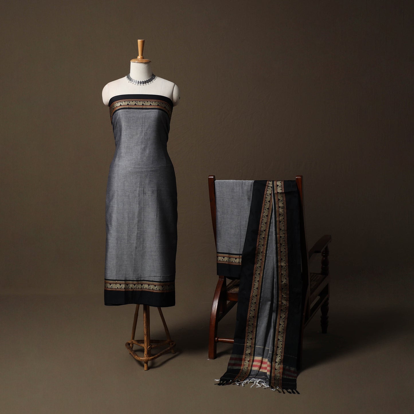 Dharwad Mercerised Cotton 3pc Unstitched Dress Material Suit Set with Woven Border 16