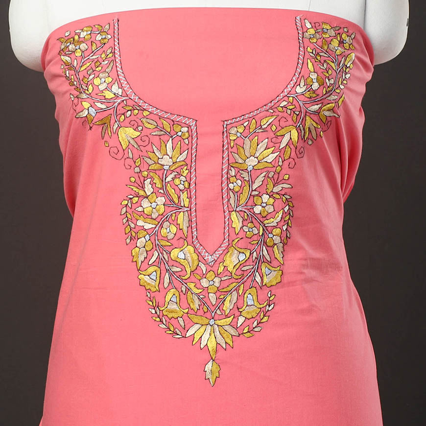 Pink - Kashida Hand Embroidery Cotton Kurta Material (2.45m) 10