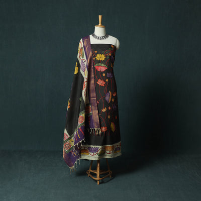 Handpainted Srikalahasti Pen Work Kalamkari Natural Dyed Bangalore Silk 2pc Unstitched Dress Material Kurta Set 33