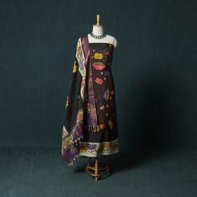 Handpainted Srikalahasti Pen Work Kalamkari Natural Dyed Bangalore Silk 2pc Unstitched Dress Material Kurta Set 33