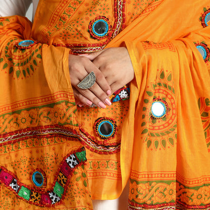 Orange - Kutch Hand Embroidery Mirror Work Printed Cotton Dupatta 75