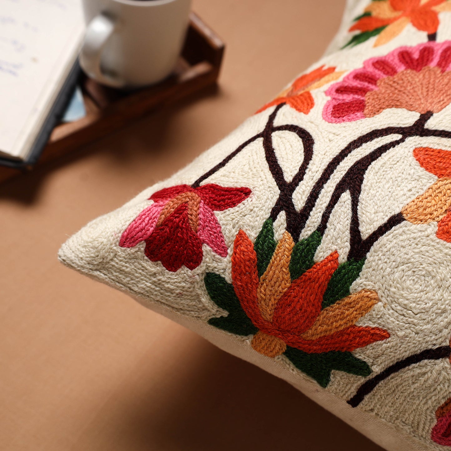 White - Crewel Hand Embroidered Cushion Cover 09