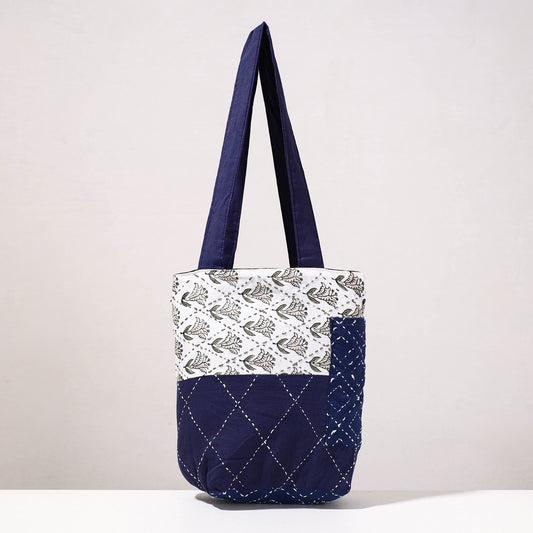 Blue - Kantha Work Block Print Cotton Shoulder Bag