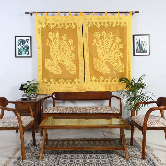 Yellow - Applique Peacock Cutwork Cotton Window Curtain from Barmer (5 x 3.5 feet) (single piece)