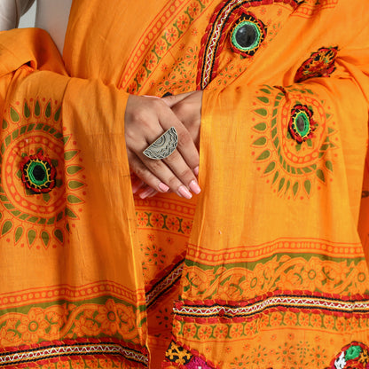 Orange - Kutch Hand Embroidery Mirror Work Printed Cotton Dupatta 76