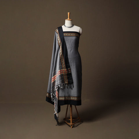 Grey - Dharwad Mercerised Cotton 3pc Unstitched Dress Material Suit Set with Woven Border 16