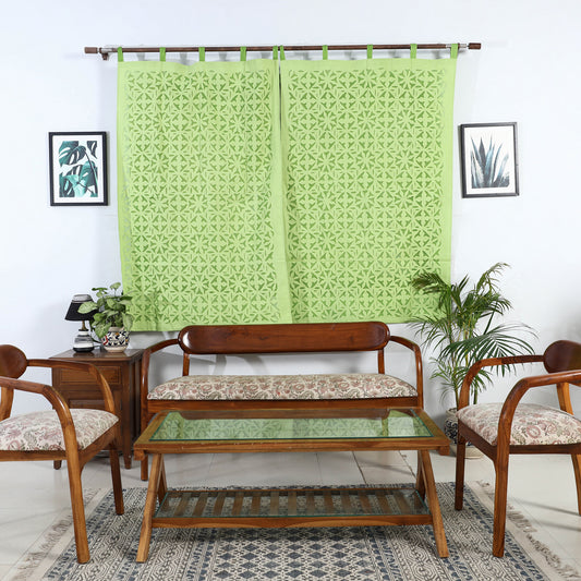 Green - Applique Flower Cutwork Cotton Window Curtain from Barmer (5 x 3.5 feet) (single piece)