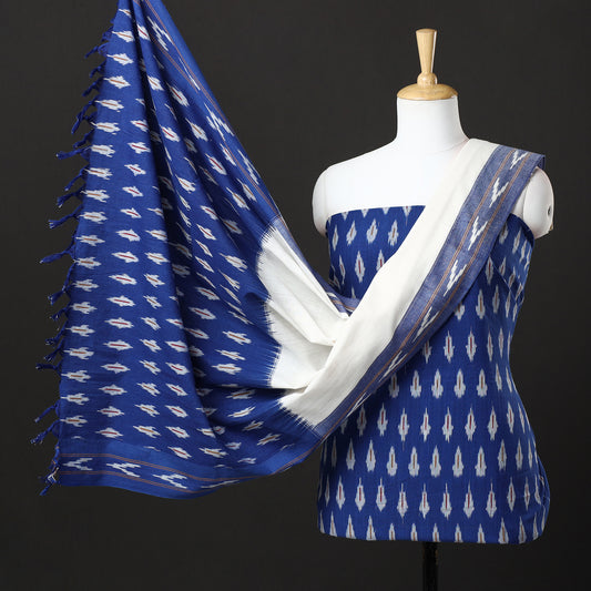 Blue - 3pc Pochampally Ikat Weave Handloom Cotton Suit Material Set 47