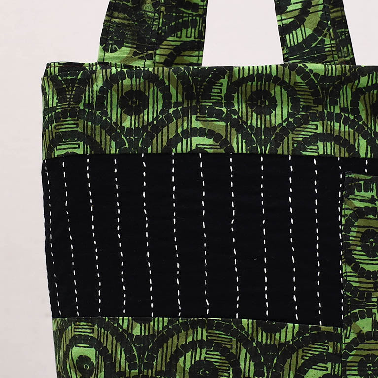 Green - Kantha Work Block Print Cotton Shoulder Bag