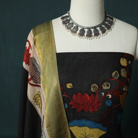 Handpainted Srikalahasti Pen Work Kalamkari Natural Dyed Bangalore Silk 2pc Unstitched Dress Material Kurta Set 34