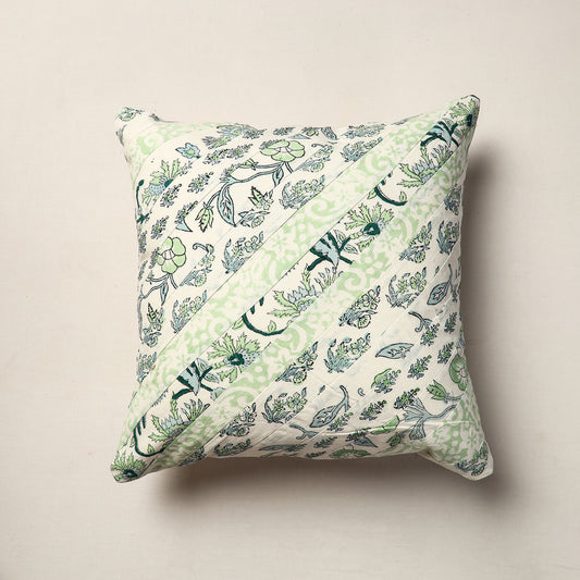 Green - Sanganeri Block Printed Patchwork Cotton Cushion Cover (16 x 16 in)