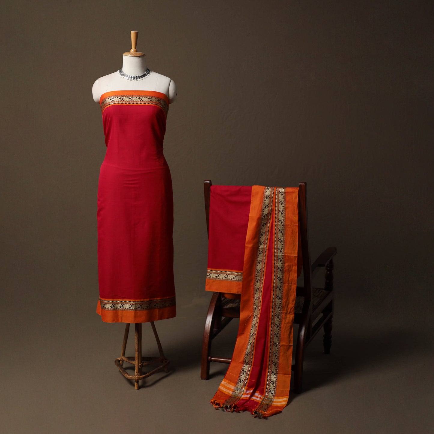 Dharwad Mercerised Cotton 3pc Unstitched Dress Material Suit Set with Woven Border 17