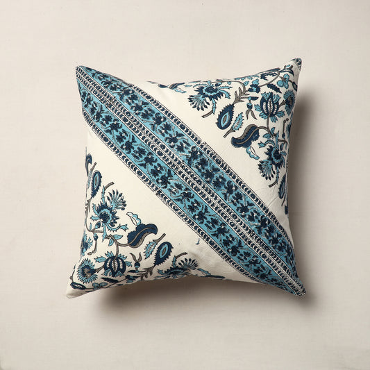 Blue - Sanganeri Block Printed Patchwork Cotton Cushion Cover (16 x 16 in)