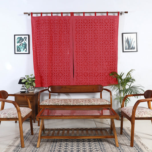Red - Applique Flower Cutwork Cotton Window Curtain from Barmer (5 x 3.5 feet) (single piece)