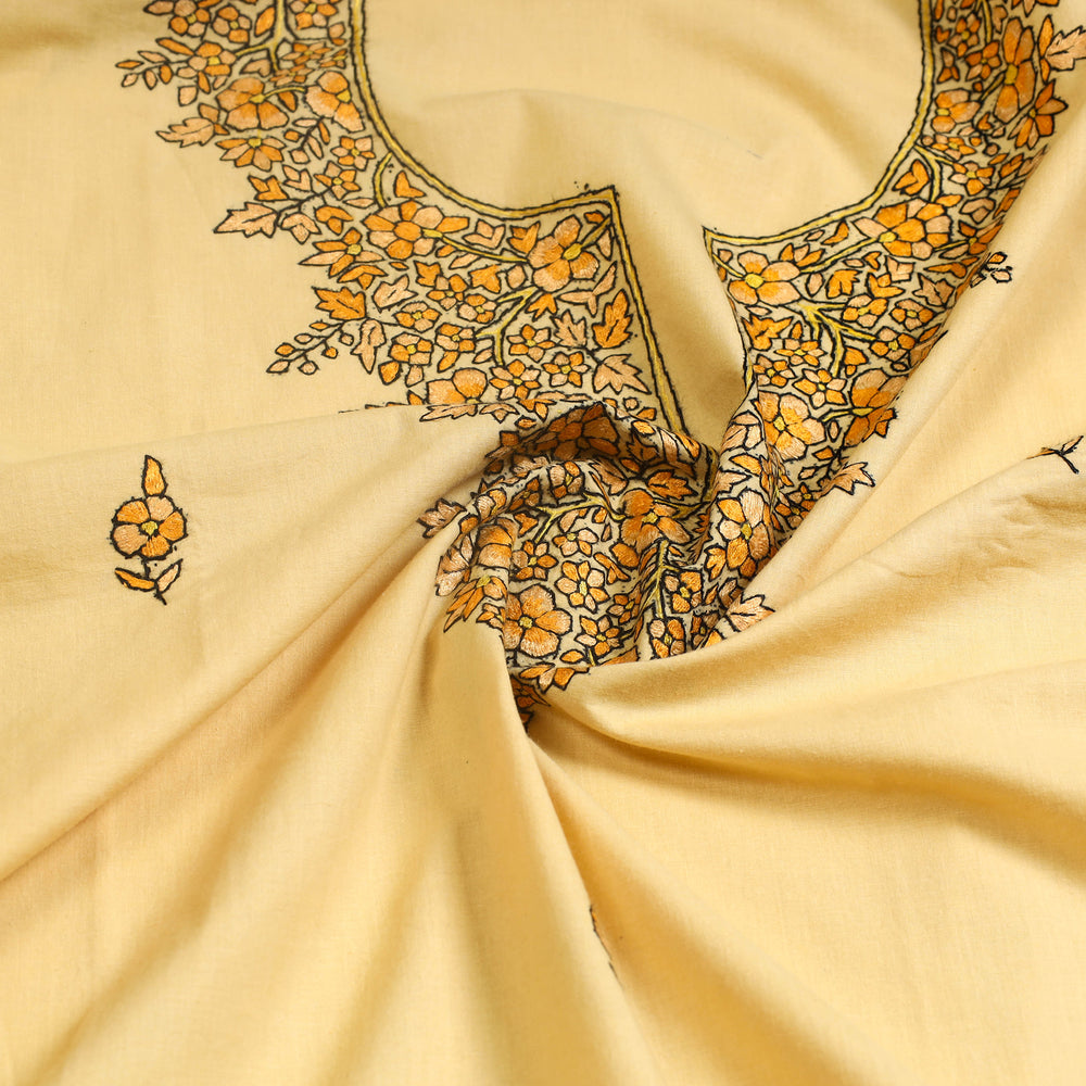 Yellow - Kashida Hand Embroidery Cotton Kurta Material (2.6m) 13