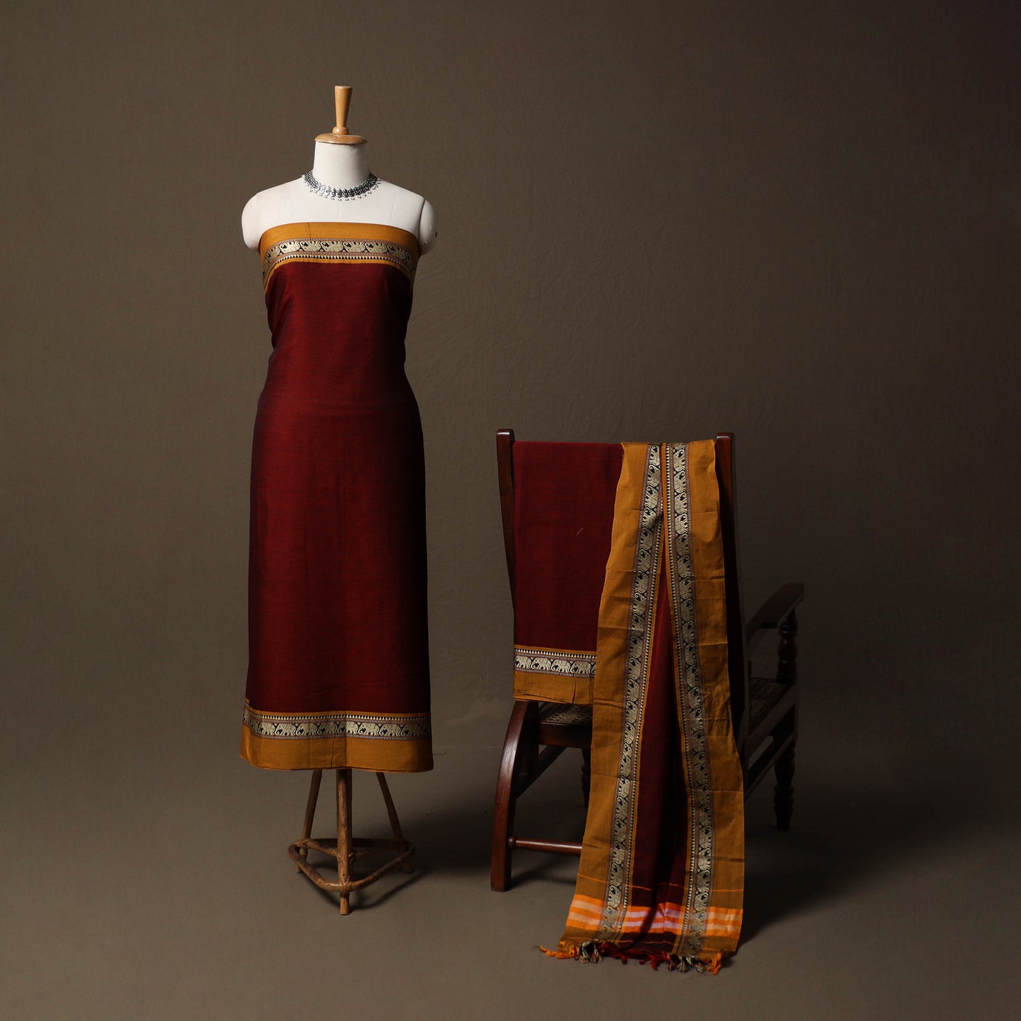 Dharwad Mercerised Cotton 3pc Unstitched Dress Material Suit Set with Woven Border 18