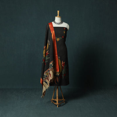 Handpainted Srikalahasti Pen Work Kalamkari Natural Dyed Bangalore Silk 2pc Unstitched Dress Material Kurta Set 35