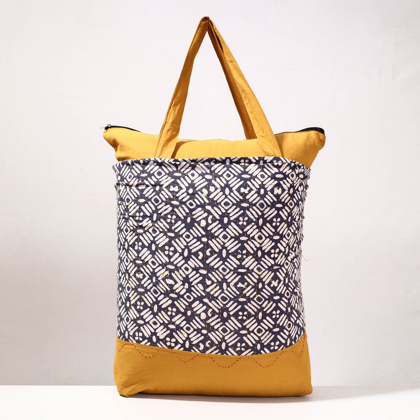 Grey - Kantha Work Block Print Cotton Shopping Bag