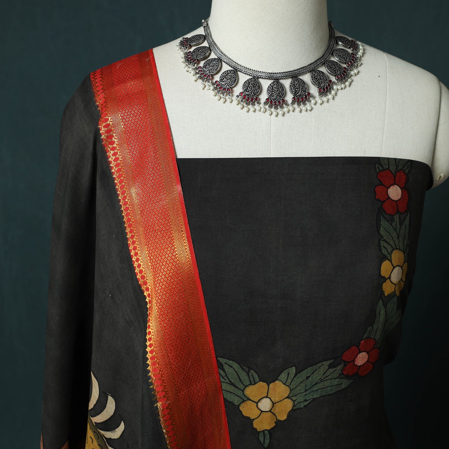 Handpainted Srikalahasti Pen Work Kalamkari Natural Dyed Bangalore Silk 2pc Unstitched Dress Material Kurta Set 35