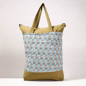 Blue - Kantha Work Block Print Cotton Shopping Bag