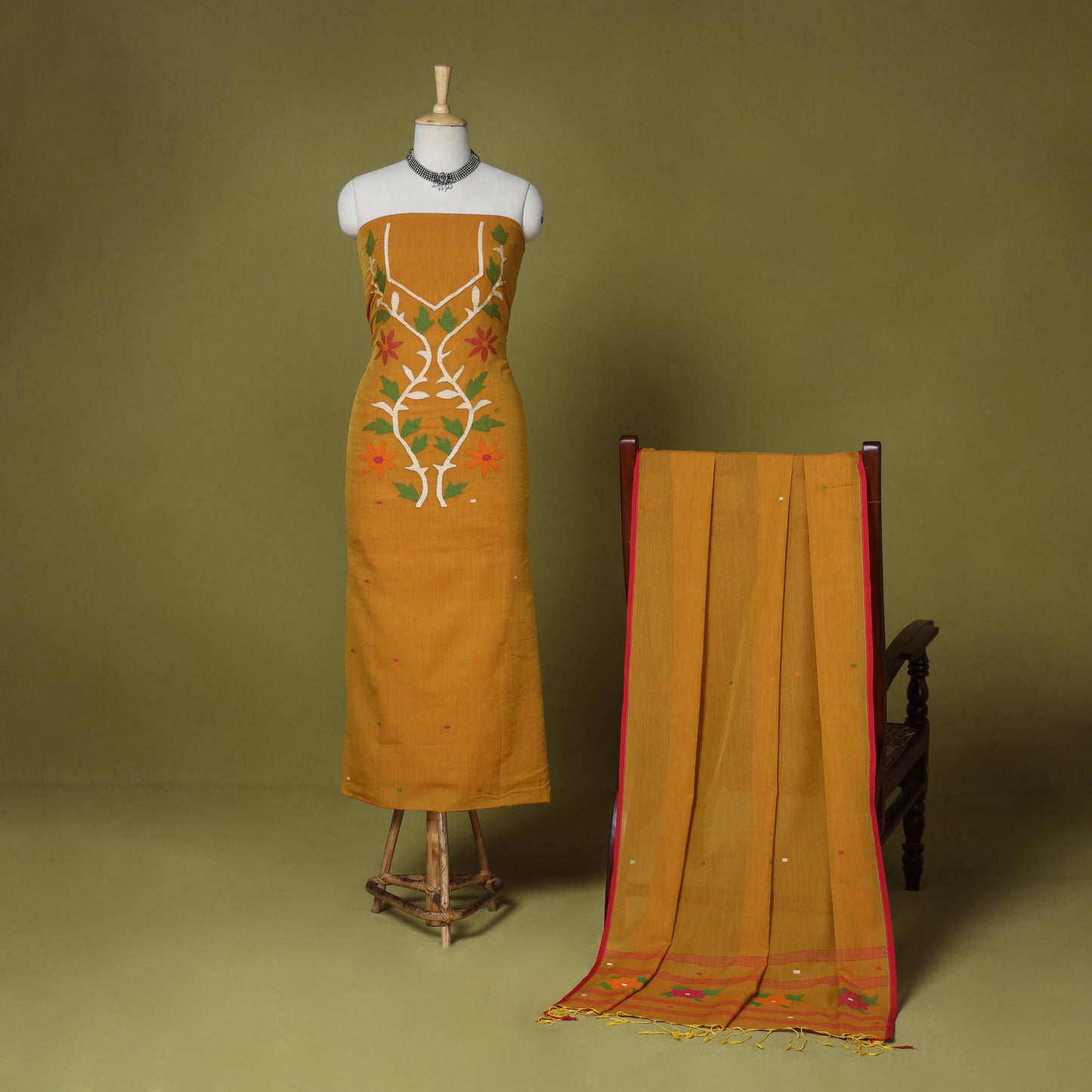 Yellow - 2pc handloom cotton unstitched phulia jamdani