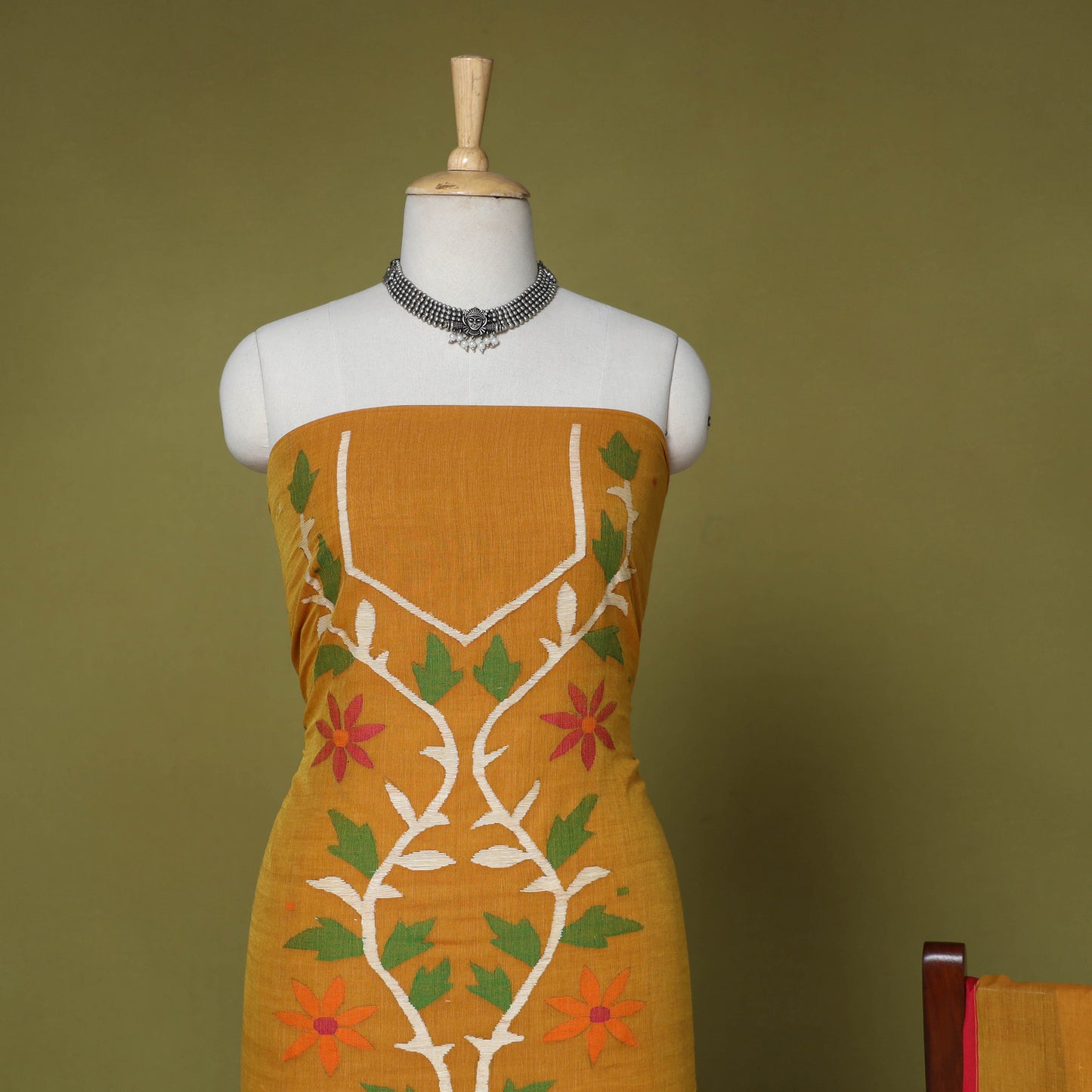 Yellow - 2pc handloom cotton unstitched phulia jamdani