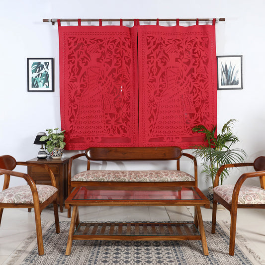 Red - Applique King Cutwork Cotton Window Curtain from Barmer (5 x 3.5 feet) (single piece)
