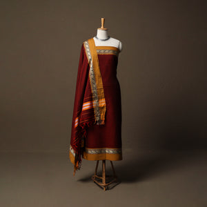 Maroon - Dharwad Mercerised Cotton 3pc Unstitched Dress Material Suit Set with Woven Border 18