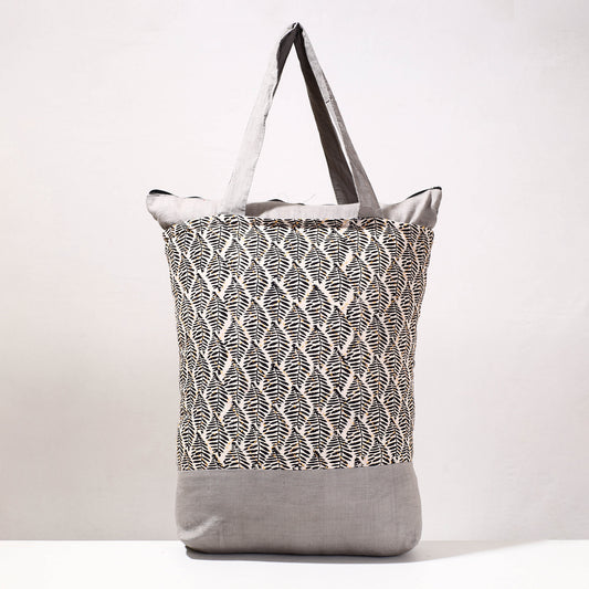 Grey - Kantha Work Block Print Cotton Shopping Bag