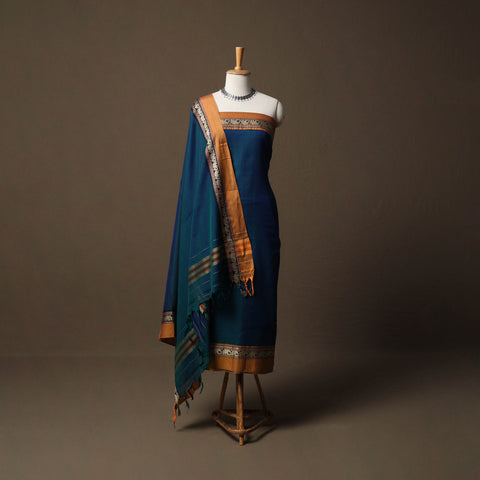 Blue - Dharwad Mercerised Cotton 3pc Unstitched Dress Material Suit Set with Woven Border 19