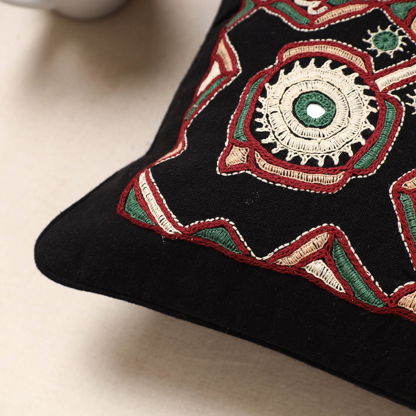 Kala Raksha Pakko Hand Embroidered Pure Cotton Cushion Cover (12 x 12 in)