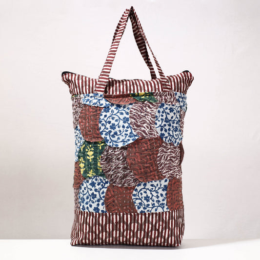 Multicolor - Kantha Work Block Print Cotton Shopping Bag
